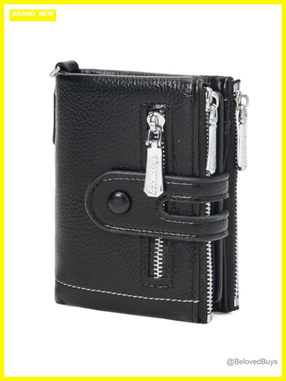 Small Womens Bifold Wallet Card Holder 2 Zipper Coin Pockets Detachable Chain